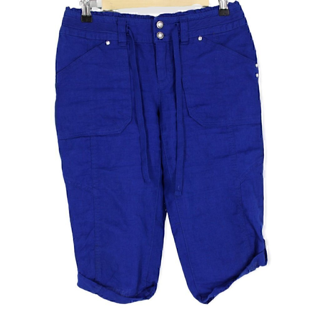 International Concepts Blue Tied Front Linen Capri Pants Size 2